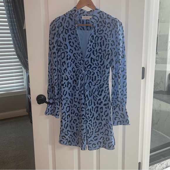 A.L.C. Marcella Dress 100% Silk Blue Leopard Print Dress Silver Front Zip Sz 2 - Picture 2 of 8